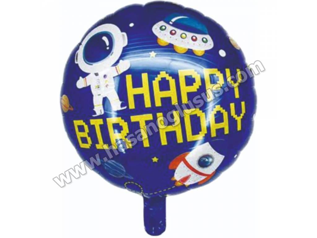 Karakterli Folyo Balonlar, 18 İnc Yuvarlak Uzay Temalı Happy Brithday Folyo Balon