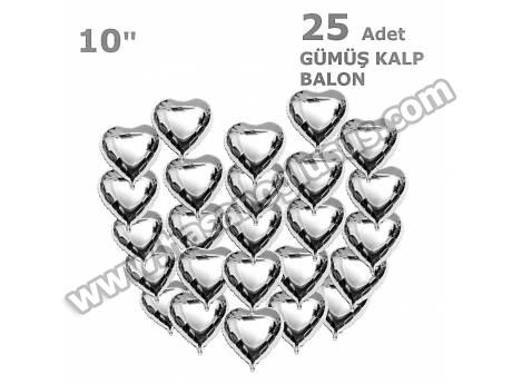 25 Kalpli 10 İnc Kalp Gümüş Set Balon
