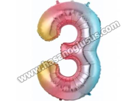 3 Rakam 34 İnc Gökkuşağı Renk Balon 76 Cm