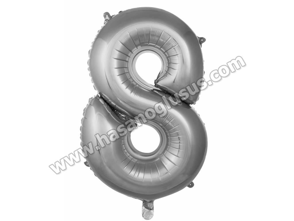 16 inç Rakam Folyo Balon 40 cm, 8 Rakam 16 İnc Gümüş Renk Balon 36 Cm