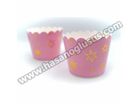 Gold Yıldız Pembe Cupcake Muffin Kabı 12 Adet