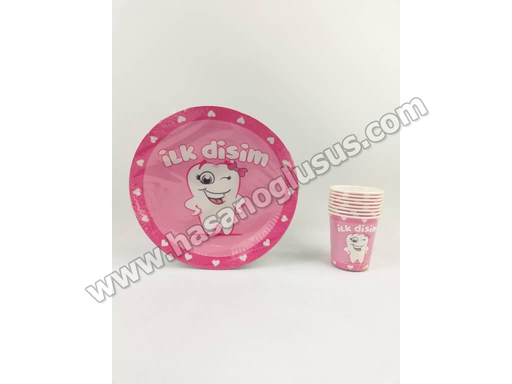 Tabak Bardak Modelleri, İlk Dişim Pembe Tabak Bardak Set 8 li