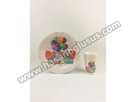İyiki Doğdun Beyaz  Tabak Bardak Set 8 li