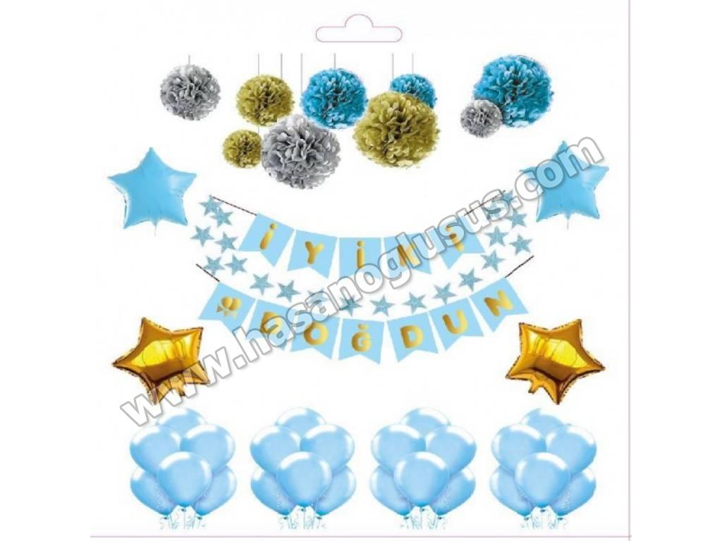 Banner Yazı Çeşitleri, Varak Yaldızlı İyiki Doğdun Yazılı Banner Mavi